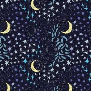 Moon Among the Stars - Ditsy Scale - Purple and Turquoise - night sky constellations