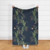 beautiful rice plants, asian-inspired with glasshoppers, butterflies, and cicadas on navy blue - large scale