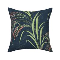 beautiful rice plants, asian-inspired with glasshoppers, butterflies, and cicadas on navy blue - large scale