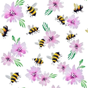 Tumbling Bees on white - large, 20" repeat