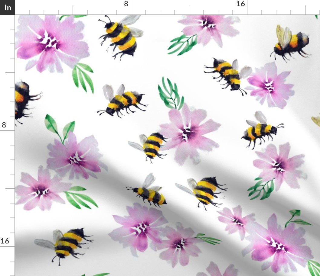 Tumbling Bees on white - large, 20" repeat