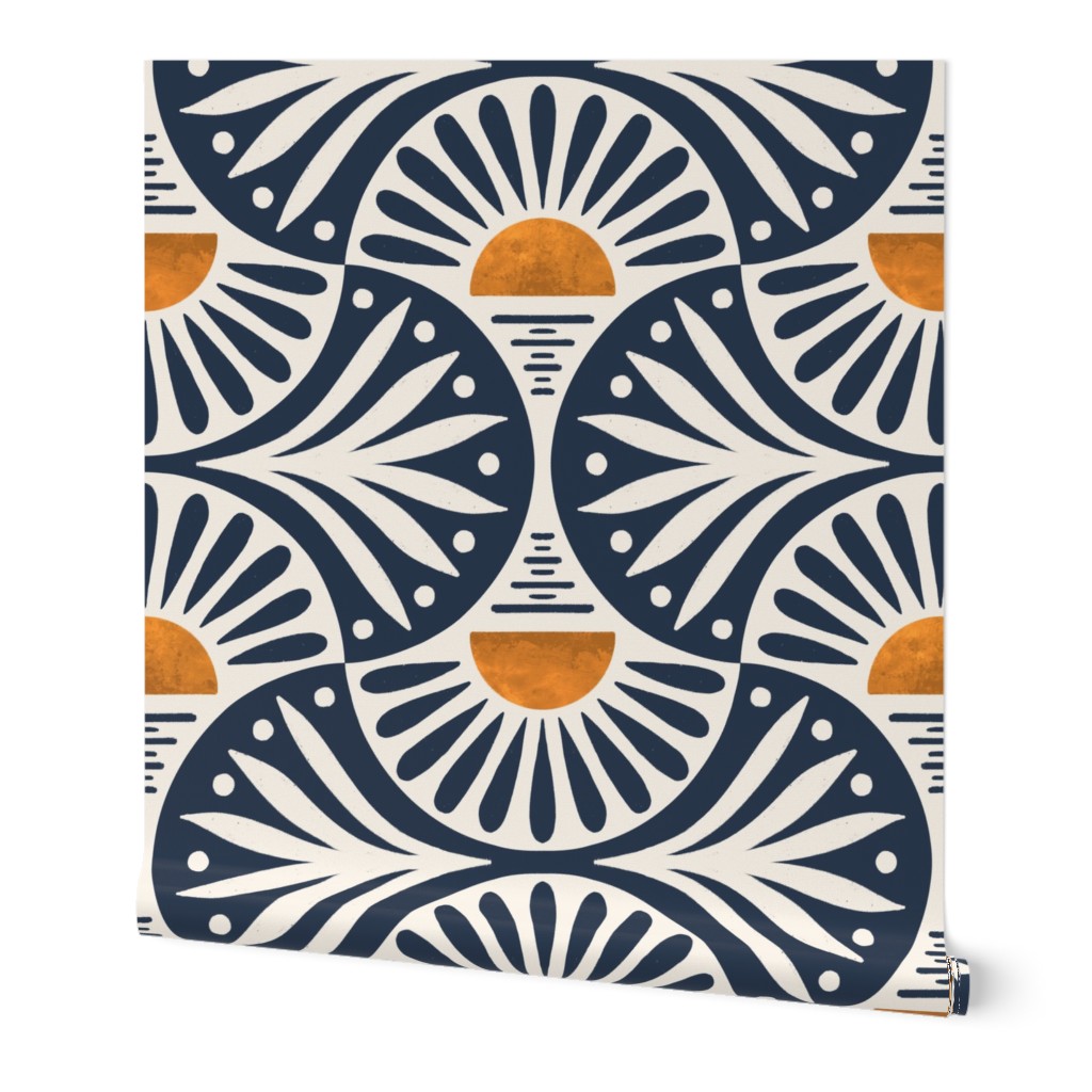 Art Deco Sunset And Leaves On Cotton White