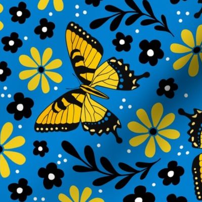 Large Scale Golden Yellow Tiger Swallowtail Butterflies on Blue