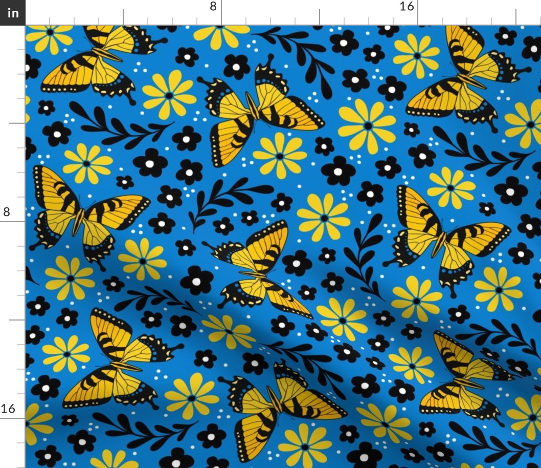 Large Scale Golden Yellow Tiger Swallowtail Butterflies on Blue