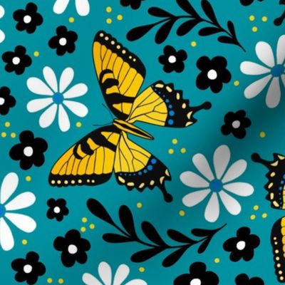 Large Scale Golden Yellow Tiger Swallowtail Butterflies on Turquoise