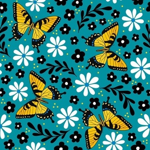 Large Scale Golden Yellow Tiger Swallowtail Butterflies on Turquoise