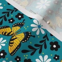 Medium Scale Golden Yellow Tiger Swallowtail Butterflies on Turquoise