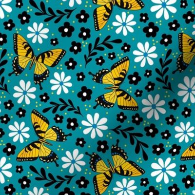 Medium Scale Golden Yellow Tiger Swallowtail Butterflies on Turquoise
