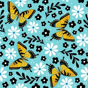 Large Scale Golden Yellow Tiger Swallowtail Butterflies on Pool Blue