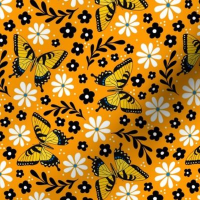 Medium Scale Golden Yellow Tiger Swallowtail Butterflies on Marigold