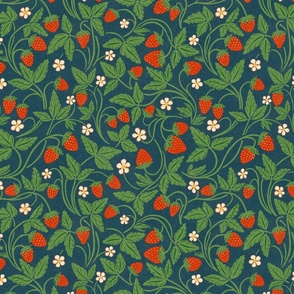 Spring Strawberries - 12" large - red and green on teal blue 