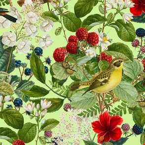 Birds And Berries Vintage Illustration With A Botanical Summer Vibe Light Green
