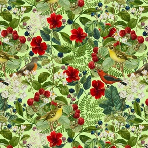 Birds And Berries Vintage Illustration With A Botanical Summer Vibe Light Green Smaller Scale