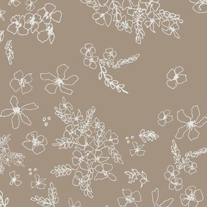 Hand Drawn Flowers in White on Dusky Fawn Brown (LARGE) B23009R03A