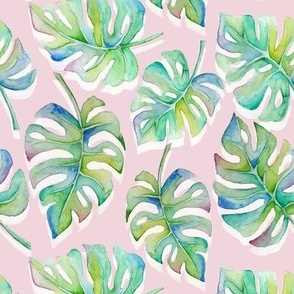 Pink Green Monstera Pattern - Plant Lover Pattern - Leaves - Leaf Pattern - Tropical Leaves Patter - Watercolor - Hand Drawn - Hand Painted