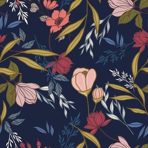 Magnolias with Spring Florals and Botanicals in Pink and Navy Blue