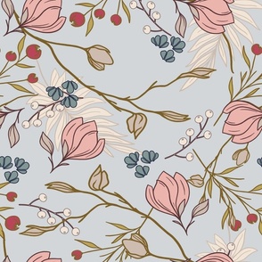 Magnolia Branches and Berries with Spring Botanicals in Pink and Light Blue