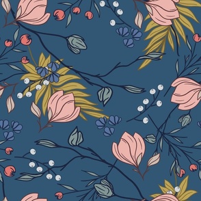 Magnolia Branches and Berries with Spring Botanicals in Pink and Blue