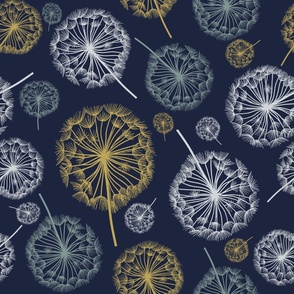 Spring Inspired Dandelions in Navy Blue, Sage Green, and White (large scale)