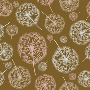 Spring Inspired Dandelions in Mustard Yellow, Coral Pink and Cream (large scale)
