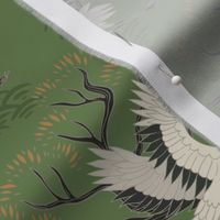 Japanese Cranes and Branches on Sage Green