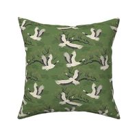 Japanese Cranes and Branches on Sage Green