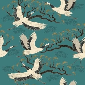 Japanese Cranes and Branches on Teal