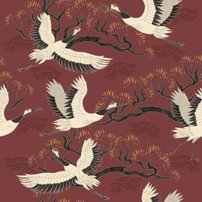 Japanese Cranes and Branches on Maroon