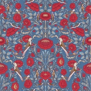 Arts and Crafts Bird and Floral Damask - Red and Light Blue on Cornflower Blue