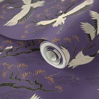 Japanese Cranes and Branches on Violet