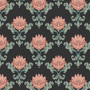 Simple Victorian Floral in Pink and Green on Off-Black