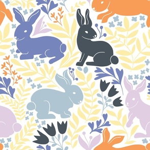 Bunny rabbits pastels and grey on white