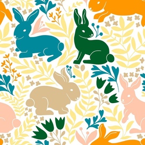 Bunny rabbits pink orange green blue on white