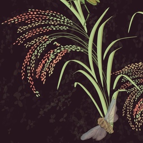 beautiful rice plants, asian-inspired with glasshoppers, butterflies, and cicadas on deep dark Aubergine - large scale