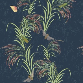 beautiful rice plants, asian-inspired with glasshoppers, butterflies, and cicadas on navy blue - medium scale