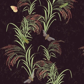 beautiful rice plants, asian-inspired with glasshoppers, butterflies, and cicadas on deep dark Aubergine - medium scale