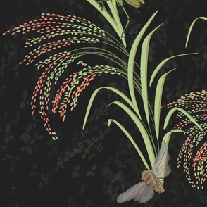 beautiful rice plants, asian-inspired with glasshoppers, butterflies, and cicadas on black/ darkest grey - large scale