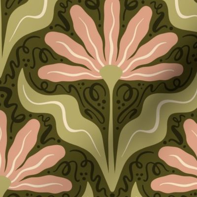 Wavy Daisy // Large  // Pink and Green  // whimsical floral wallpaper