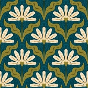 Wavy Daisy // Medium  // Dark Teal and Almond // Flower Tile 