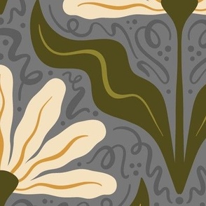 Wavy Daisy // Extra Large  // Boulder Grey // Modern Art Nouveau Wallpaper