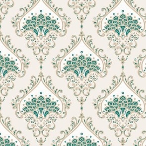 Royal Peacock Damask in Teal and Regency Linen - Coordinate