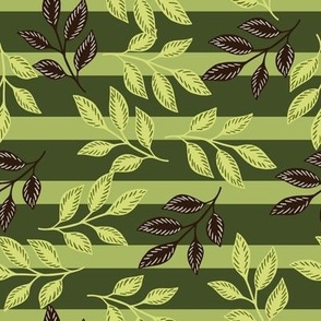 Stylized Leaves in Brown and Light Green on Dark Green Stripe