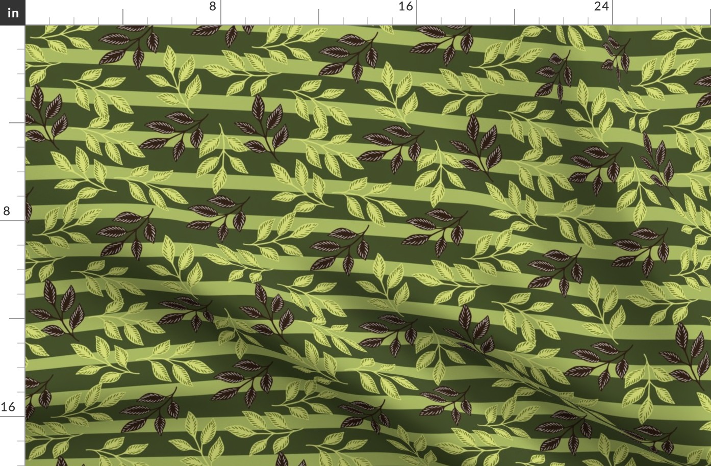Stylized Leaves in Brown and Light Green on Dark Green Stripe