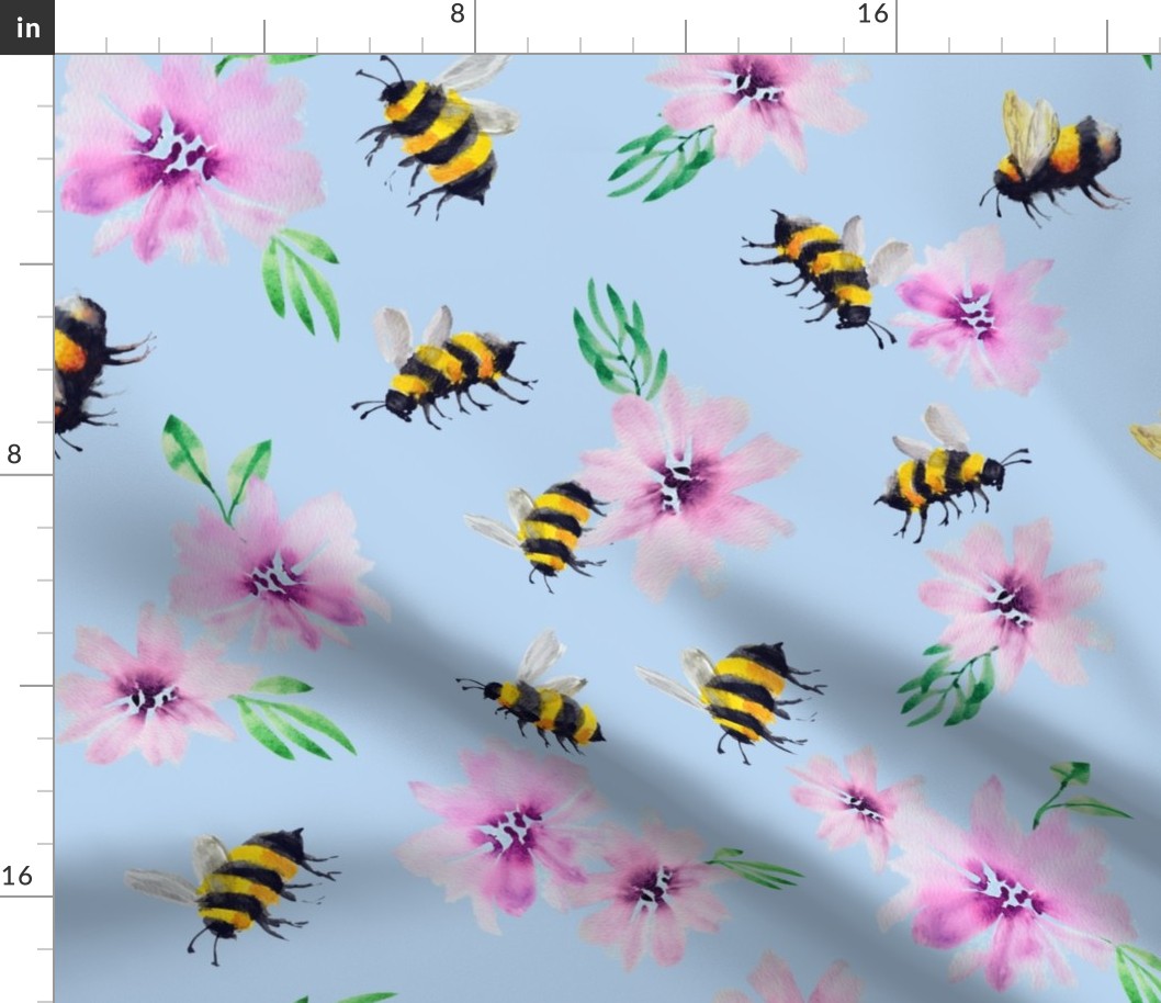 Tumbling Bees on blue - large, 20" repeat