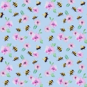 Tumbling Bees on blue, small, 3" repeat