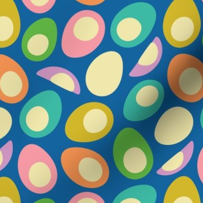 Eggs-Cellent! Fun Food Hard-Boiled Eggs Easter Picnic Food Kitchen Cooking in Bright Summer Colours on Royal Blue - SMALL Scale - UnBlink Studio by Jackie Tahara