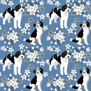 small scale // Berne Doodle Dogs  white flowers and blue background dog fabric