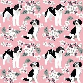 small scale // Berne Doodle Dogs  white flowers and pink background dog fabric