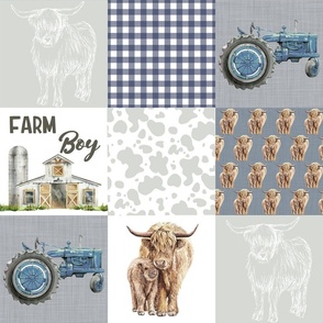 Blue Highland Cow Farm Patchwork Quilt