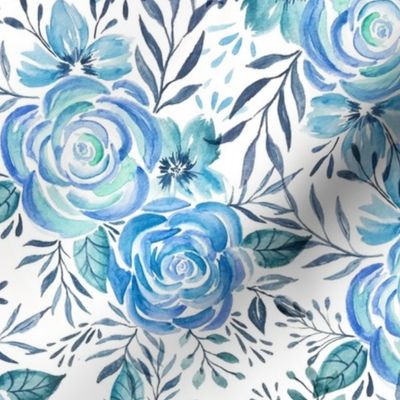 Blue Watercolor Floral Pattern - Botanical Pattern - Cottagecore - White Floral - Vintage - Hand Drawn - Watercolor - Nursery - Home Decor 